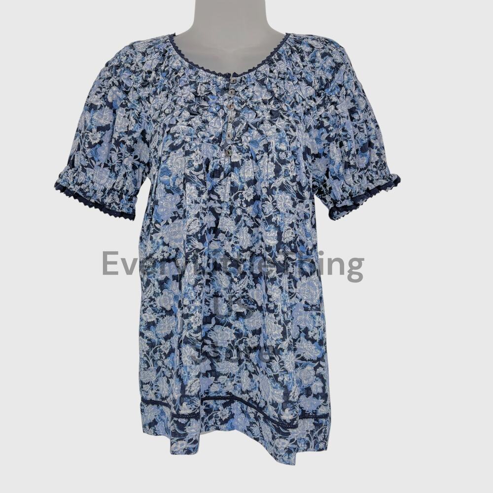 NWOT Sundance Blouse Top XS Blue Floral Smocked Puff Sleeve Lace Henley Tropical